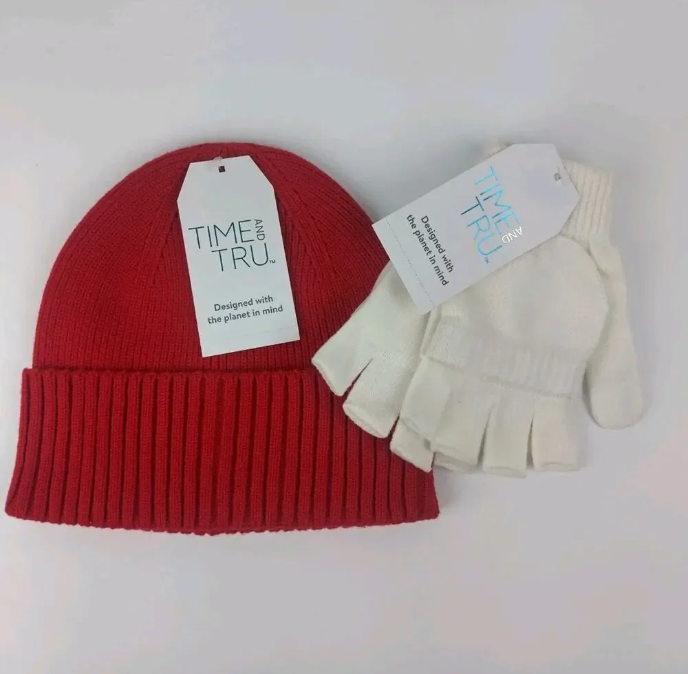 Time and Tru Women's Coordinate Beanie, One Size Fits Most, Red With White Glove